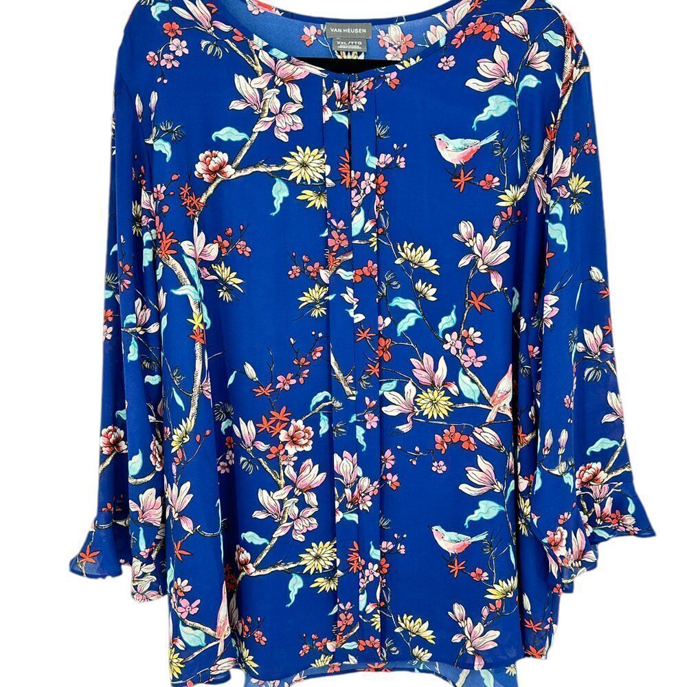 Van Heusen Women XXL Floral Print Blouse Blue‎ Long Sleeve Bell Cuff Tunic Top